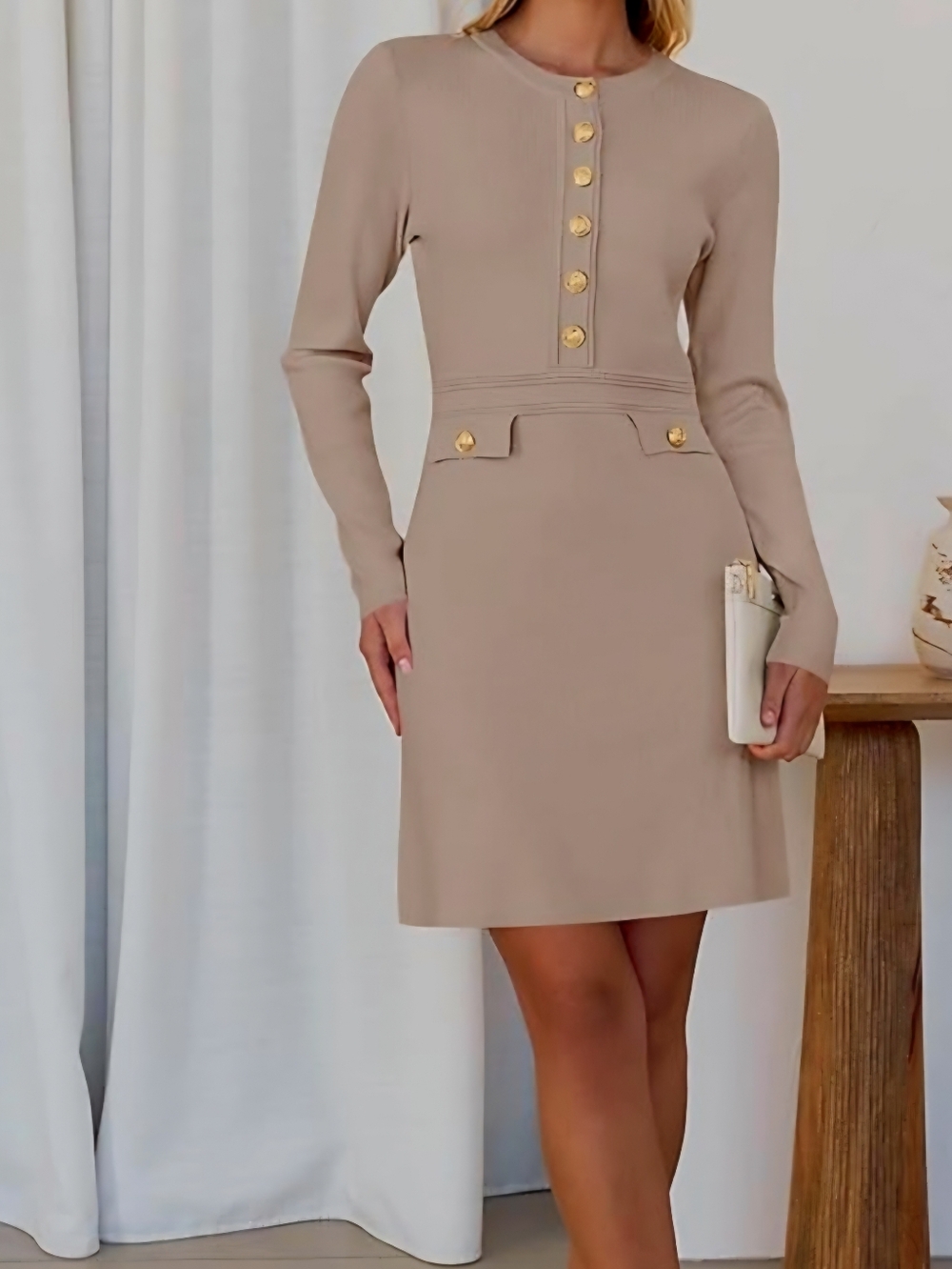 Elegant Khaki Long-Sleeve Knit Dress with Gold Buttons